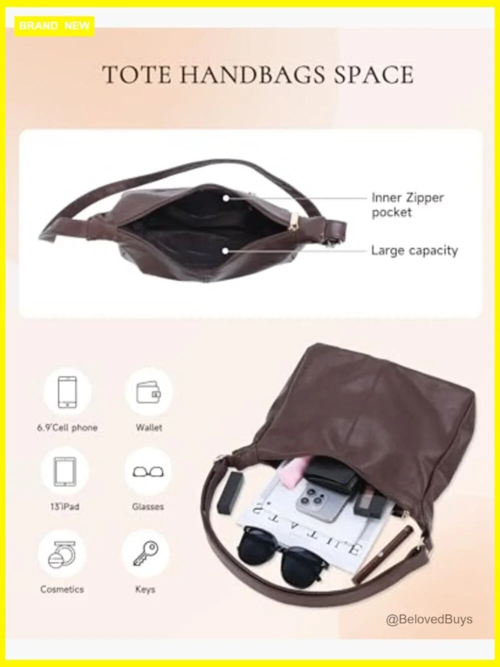 Vegan Leather Slouchy Hobo Tote Bag, Adjustable Strap, Zipper